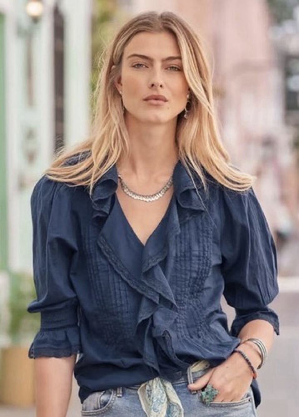 Sundance Womens Beatrice Ruffle Blouse Navy Blue Cottagecore Boho Cotton